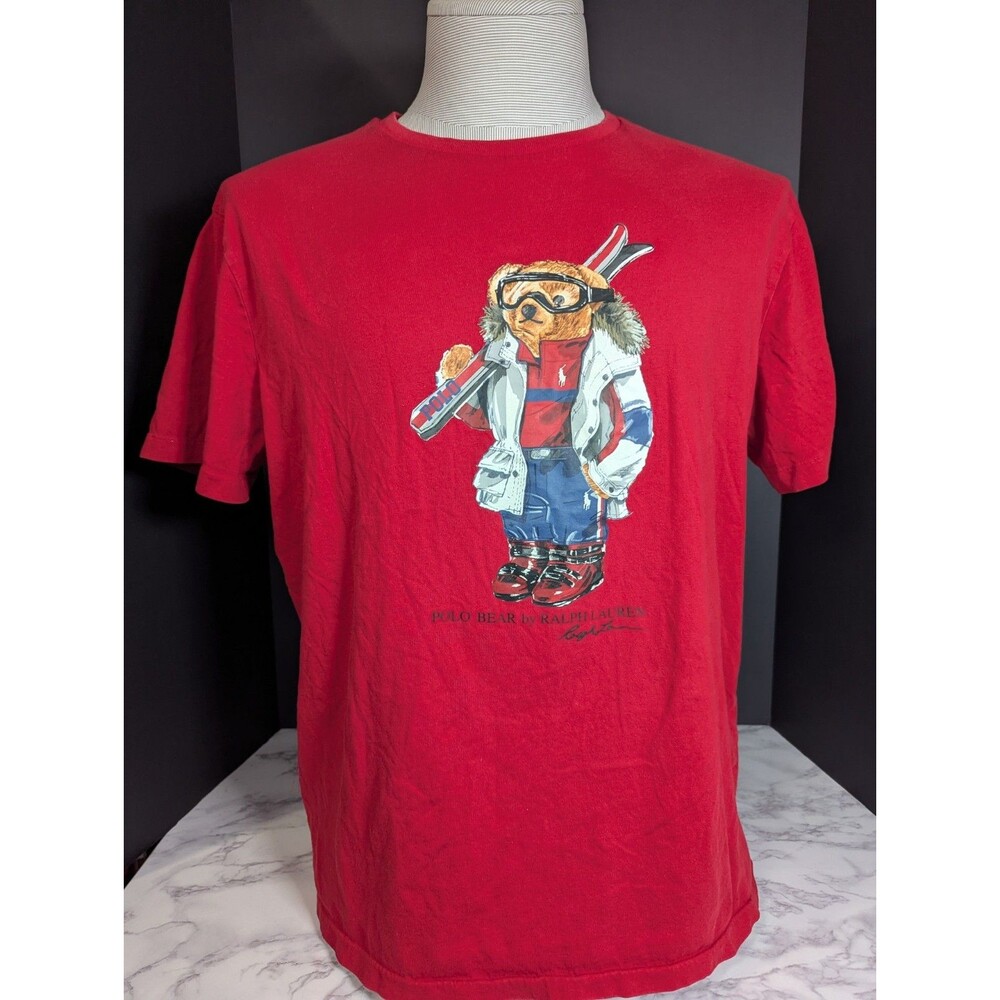 Polo Ralph Lauren Ski Polo Bear T-Shirt Red Graphic Mens Size Large L Downhill